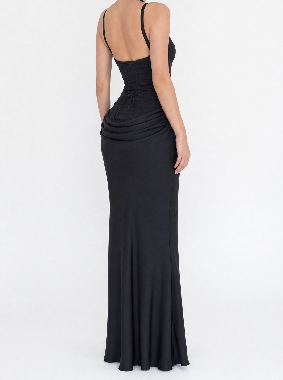 Square Neck Draped Satin Maxi Dress