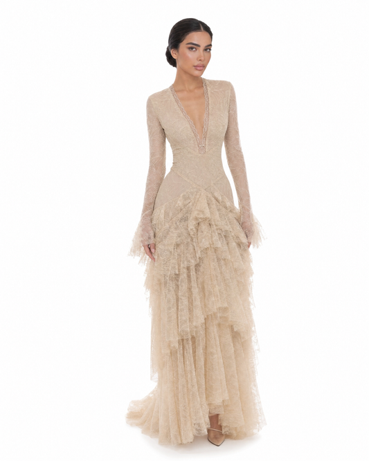 Deep V Lace Ruffle Train Gown Dress