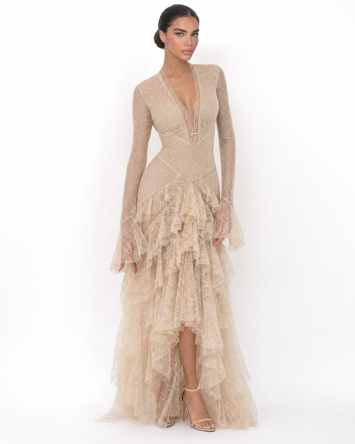 Deep V Lace Ruffle Train Gown Dress