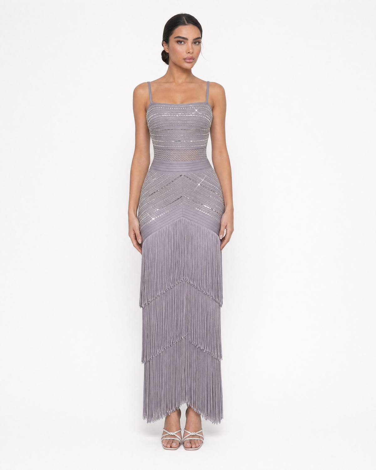 Crystal Embellished Tiered Fringe Maxi Dress