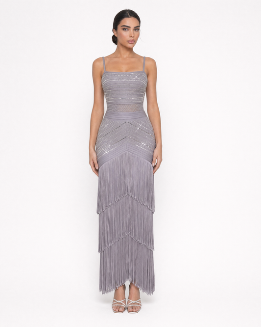 Crystal Embellished Tiered Fringe Maxi Dress
