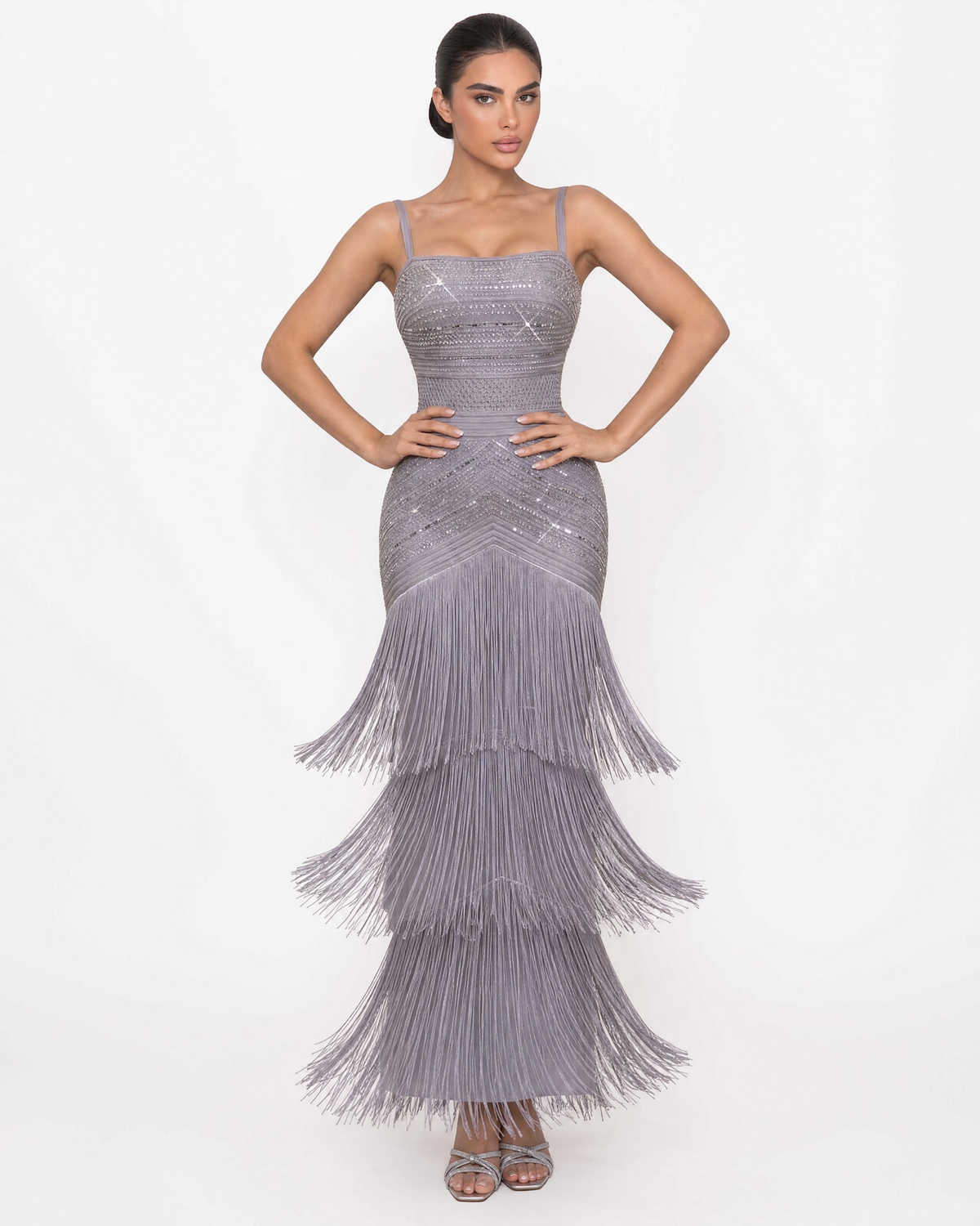 Crystal Embellished Tiered Fringe Maxi Dress