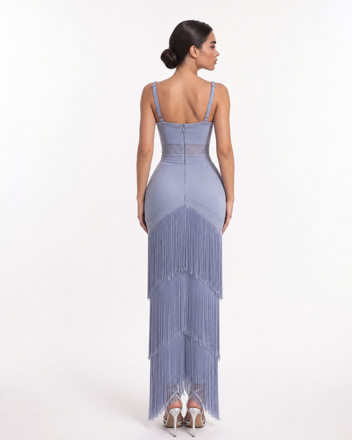 Crystal Embellished Tiered Fringe Maxi Dress