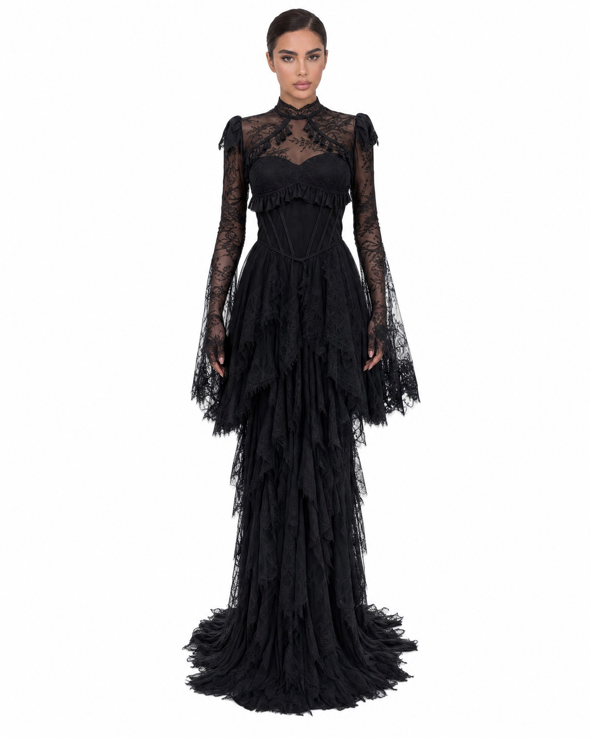 Sheer Lace High Neck Tiered Ruffle Maxi Dress