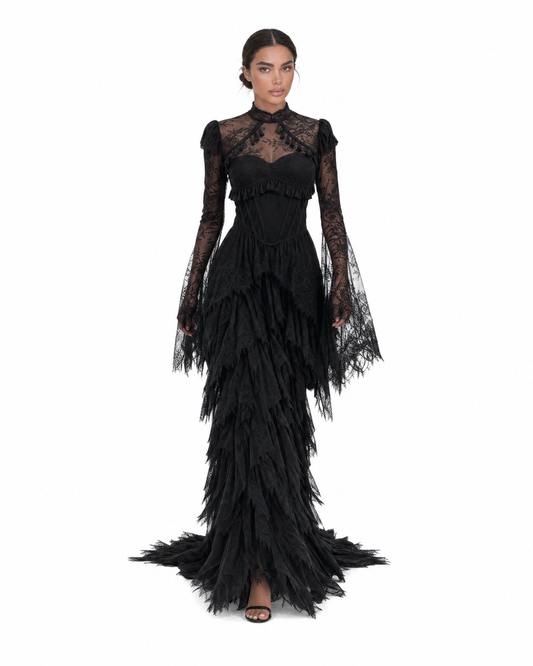 Sheer Lace High Neck Tiered Ruffle Maxi Dress