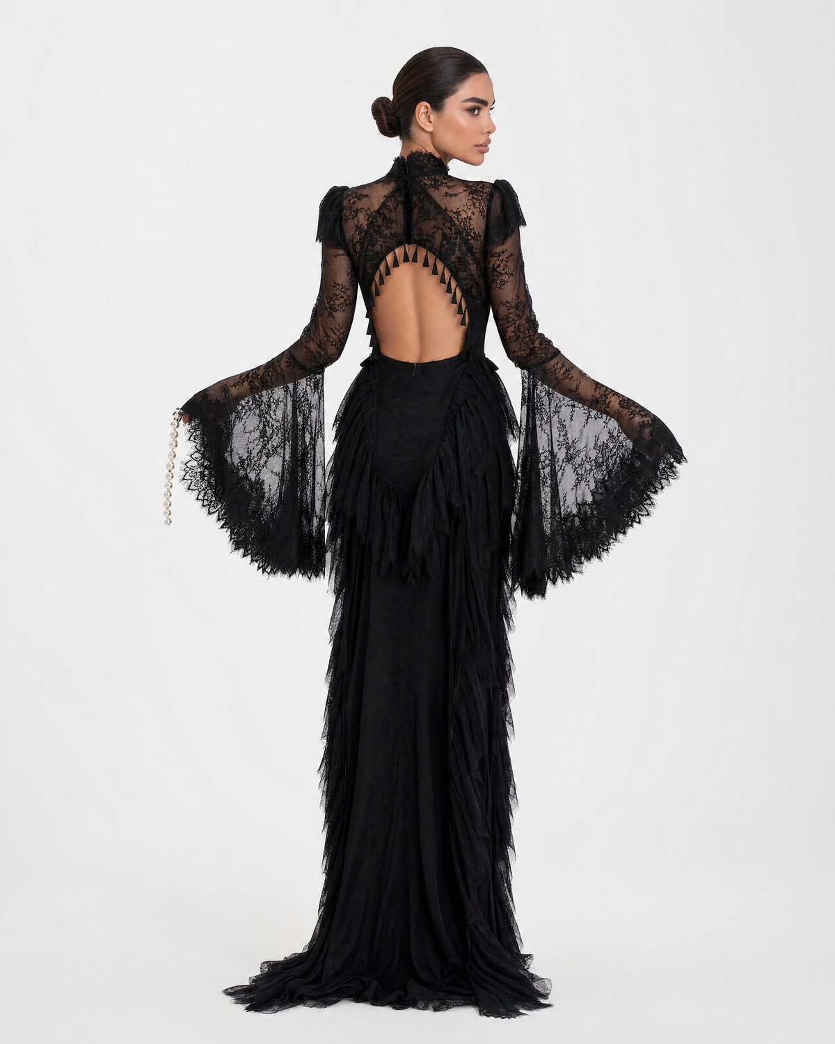 Sheer Lace High Neck Tiered Ruffle Maxi Dress