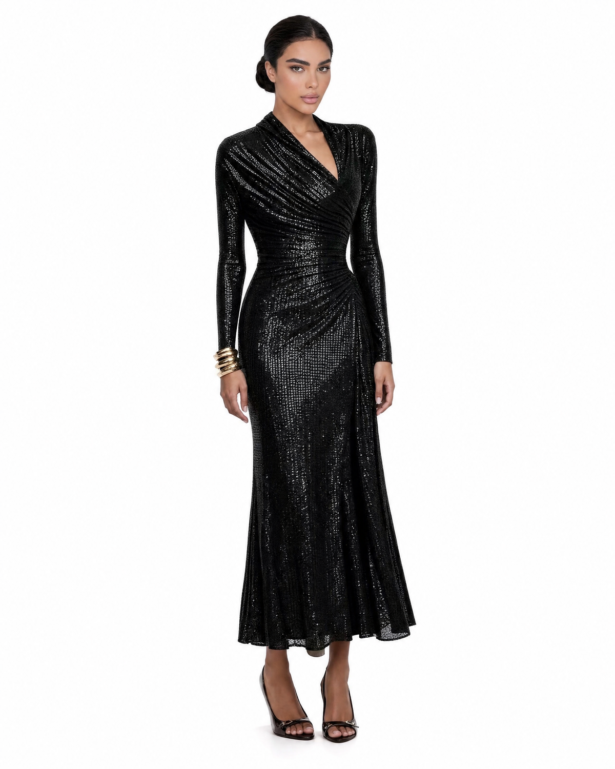 Sequin Ruched Wrap Midi Dress