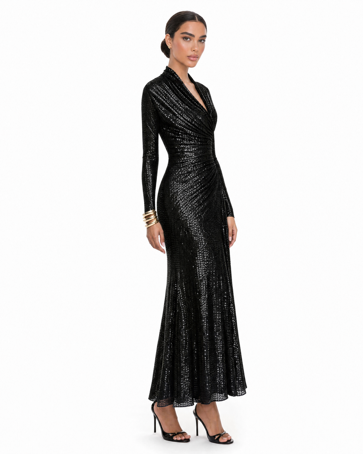 Sequin Ruched Wrap Midi Dress