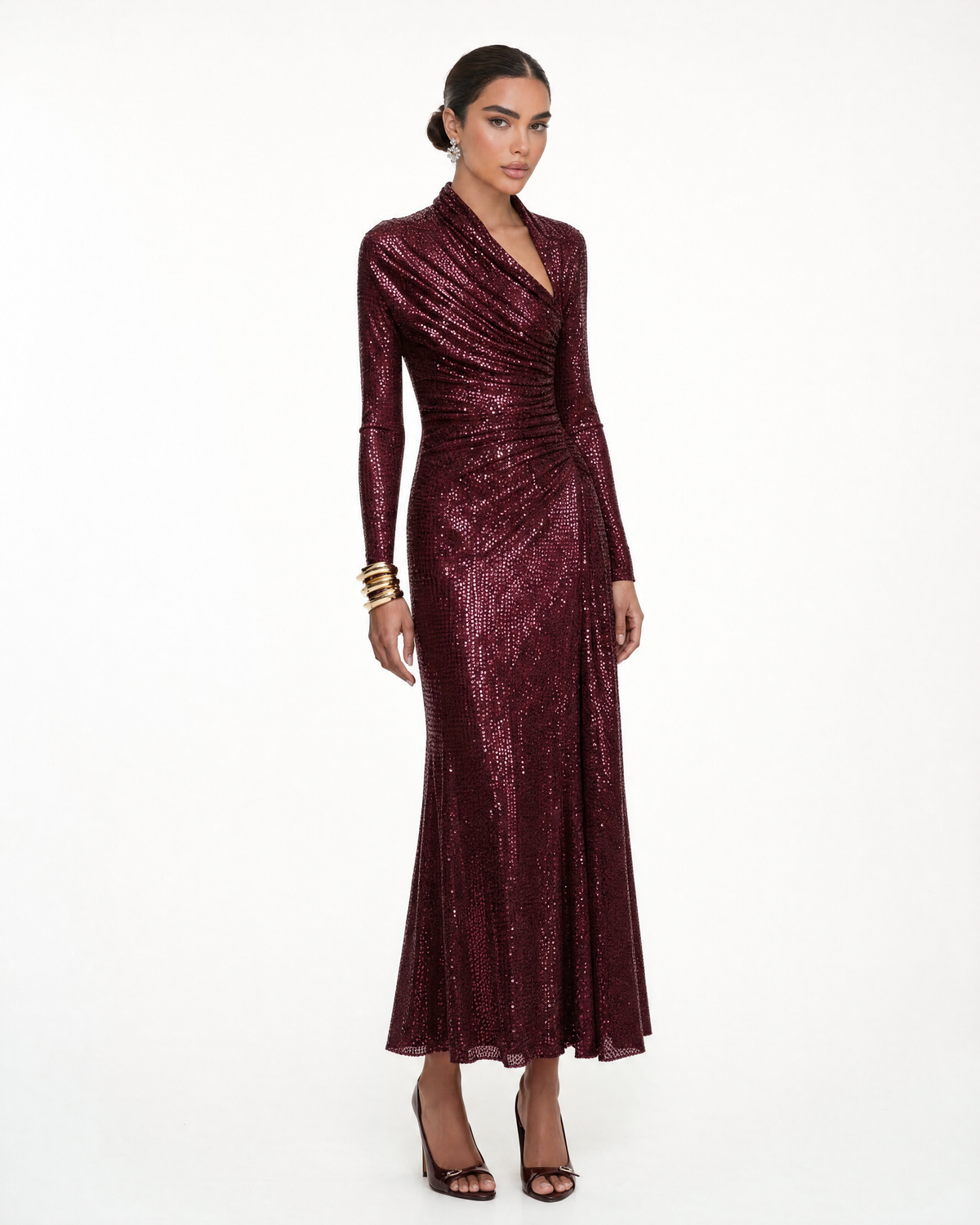 Sequin Ruched Wrap Midi Dress