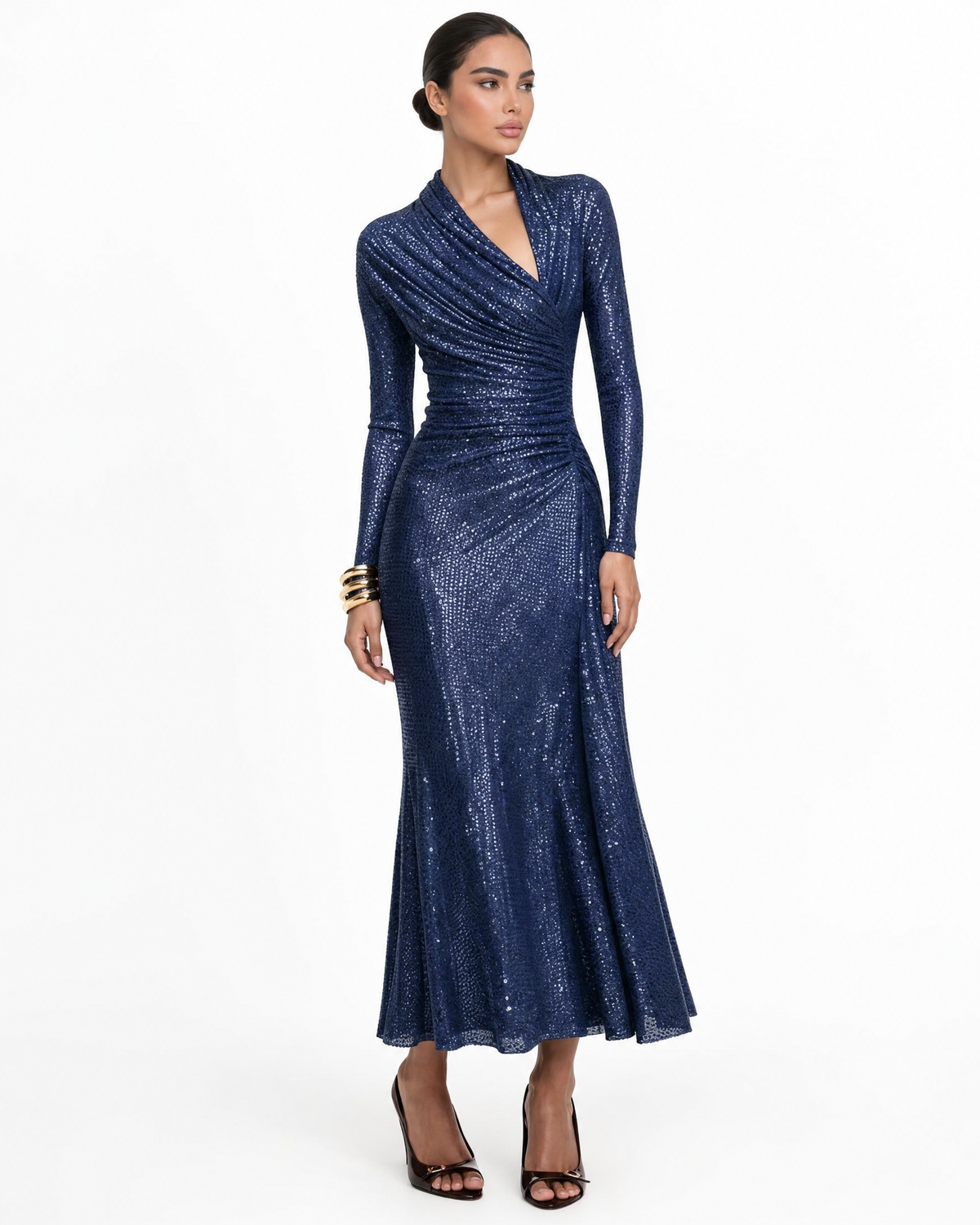 Sequin Ruched Wrap Midi Dress