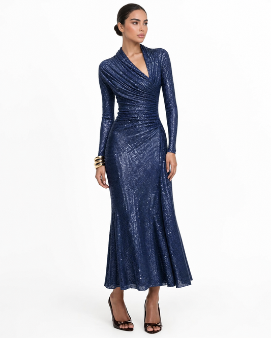 Sequin Ruched Wrap Midi Dress