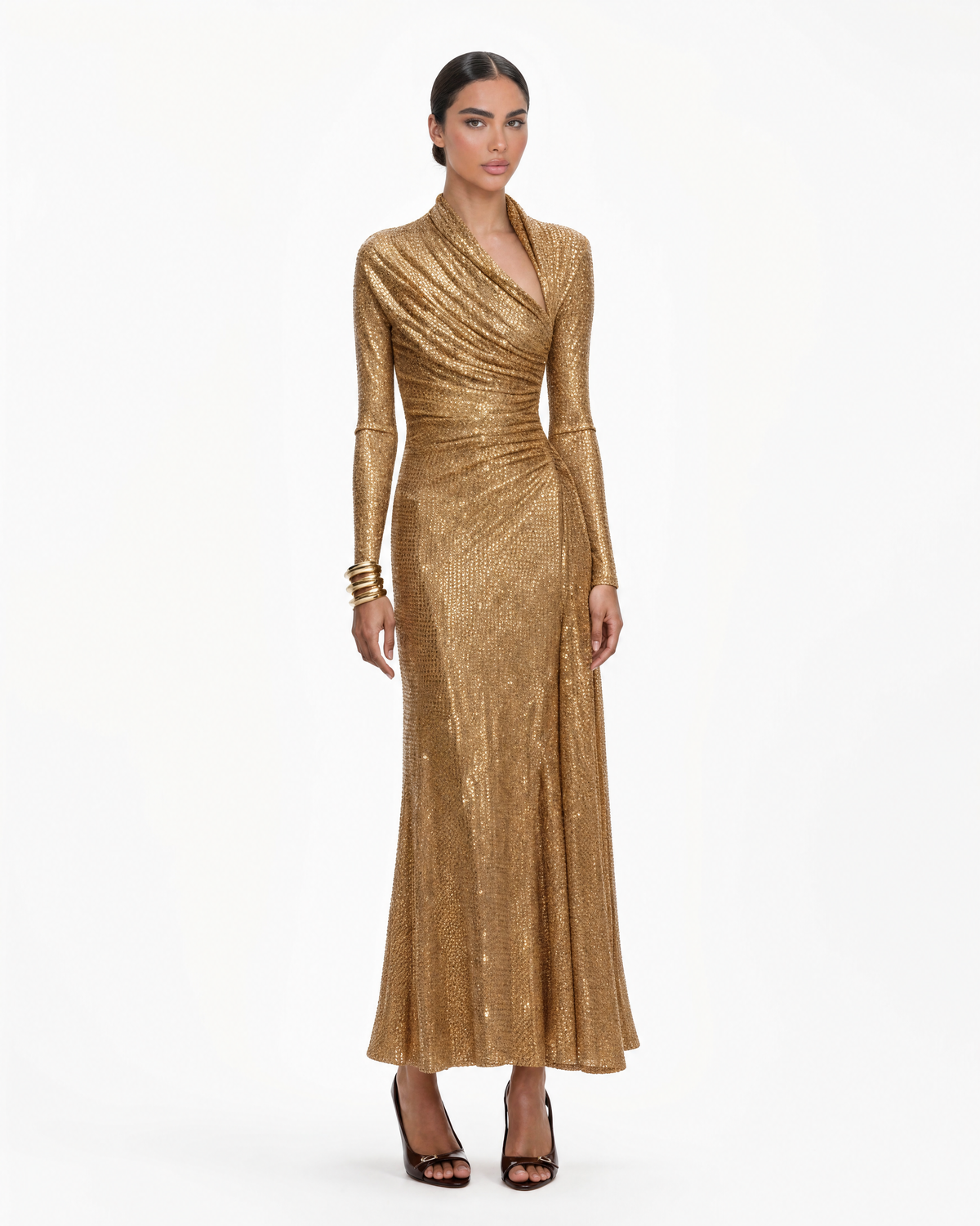 Sequin Ruched Wrap Midi Dress