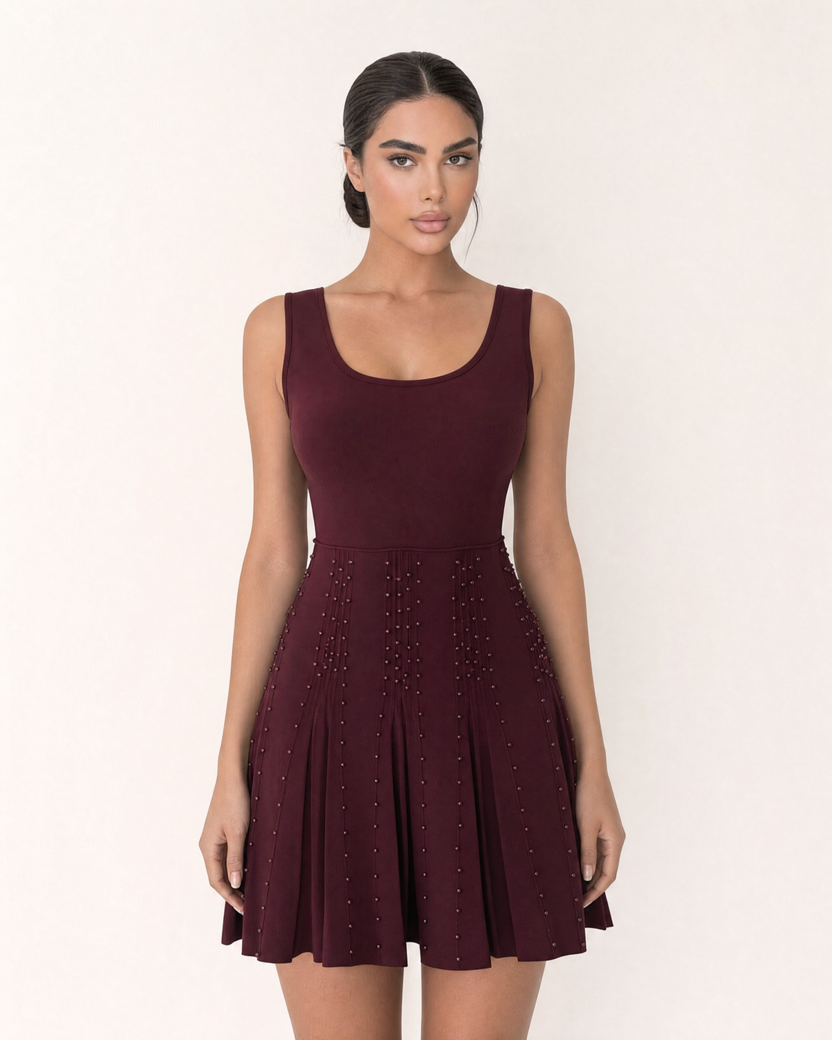 Scoop Neck Sleeveless Studded Pleated Skater Mini Dress