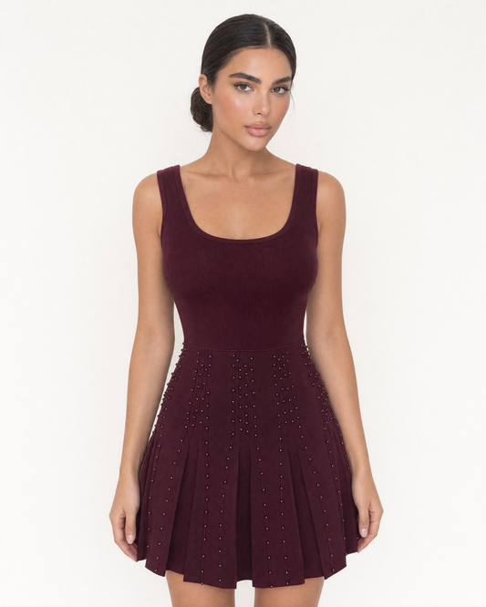 Scoop Neck Sleeveless Studded Pleated Skater Mini Dress