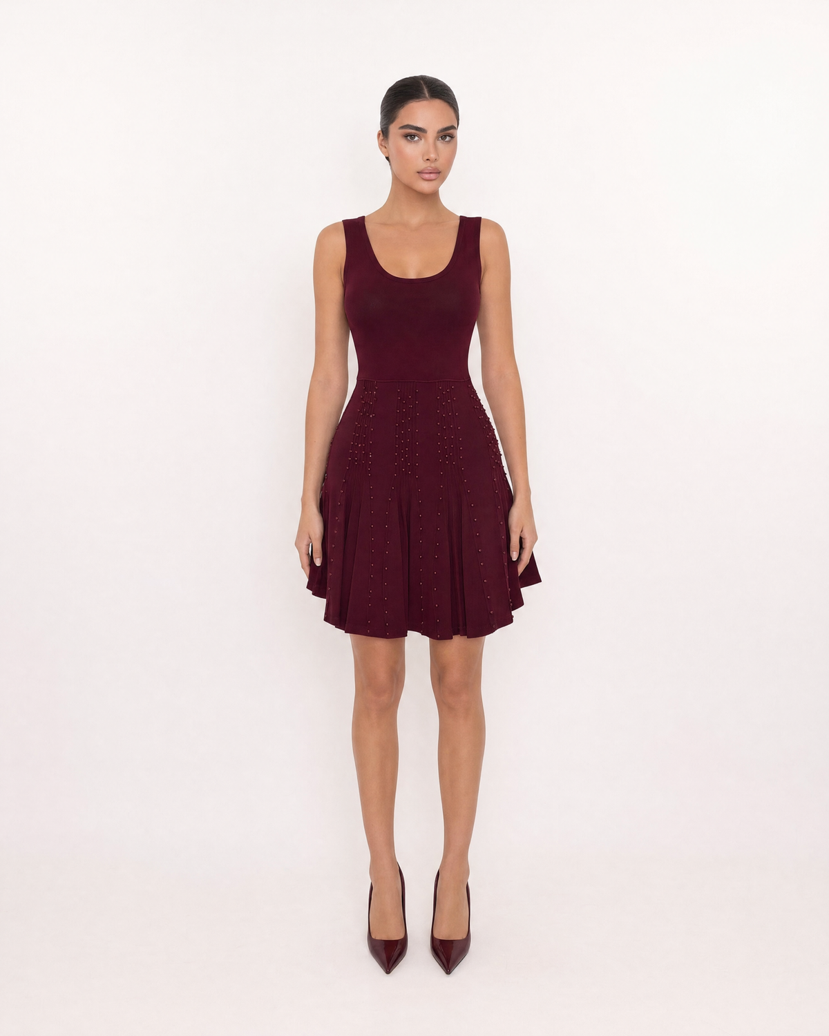 Scoop Neck Sleeveless Studded Pleated Skater Mini Dress