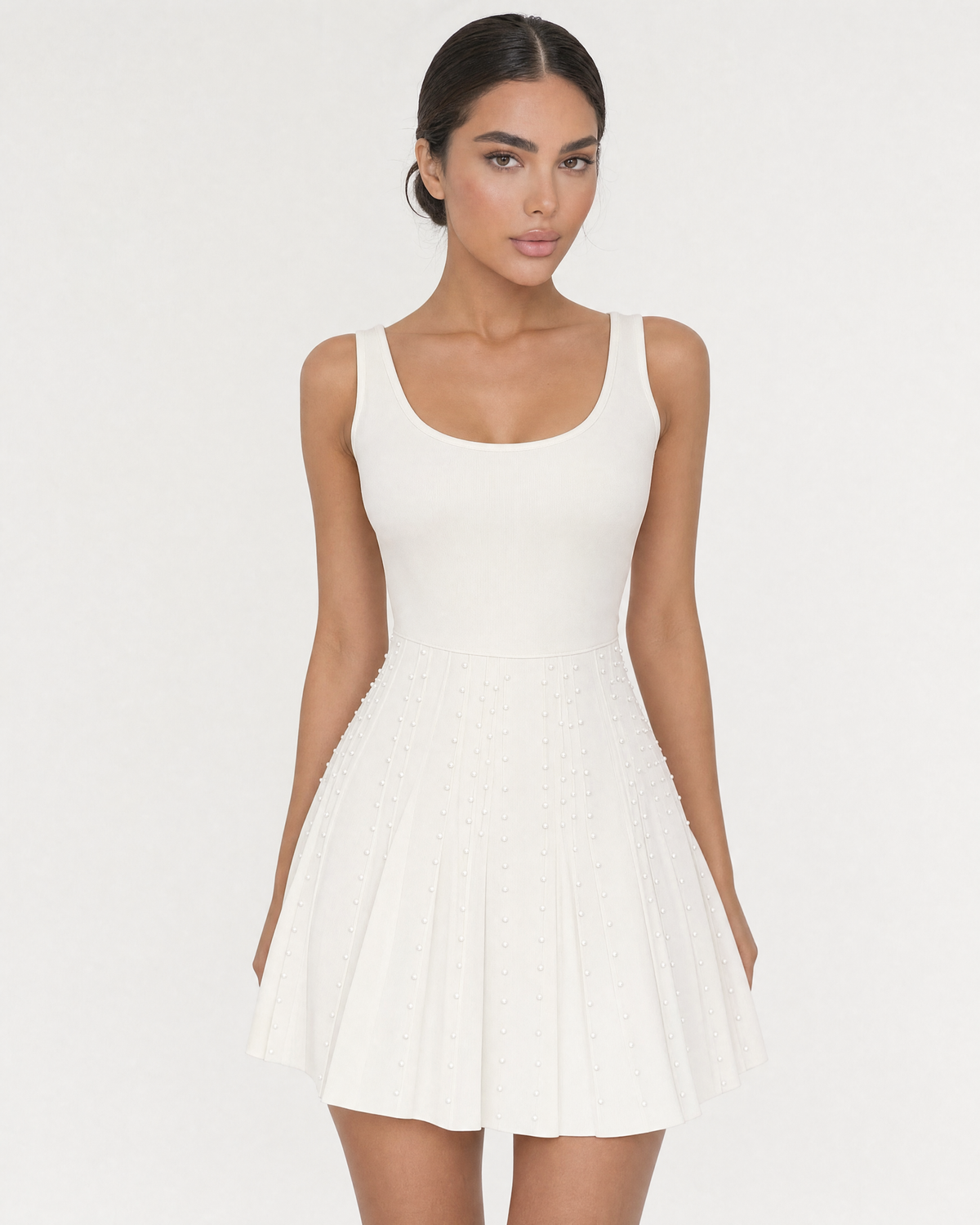 Scoop Neck Sleeveless Studded Pleated Skater Mini Dress