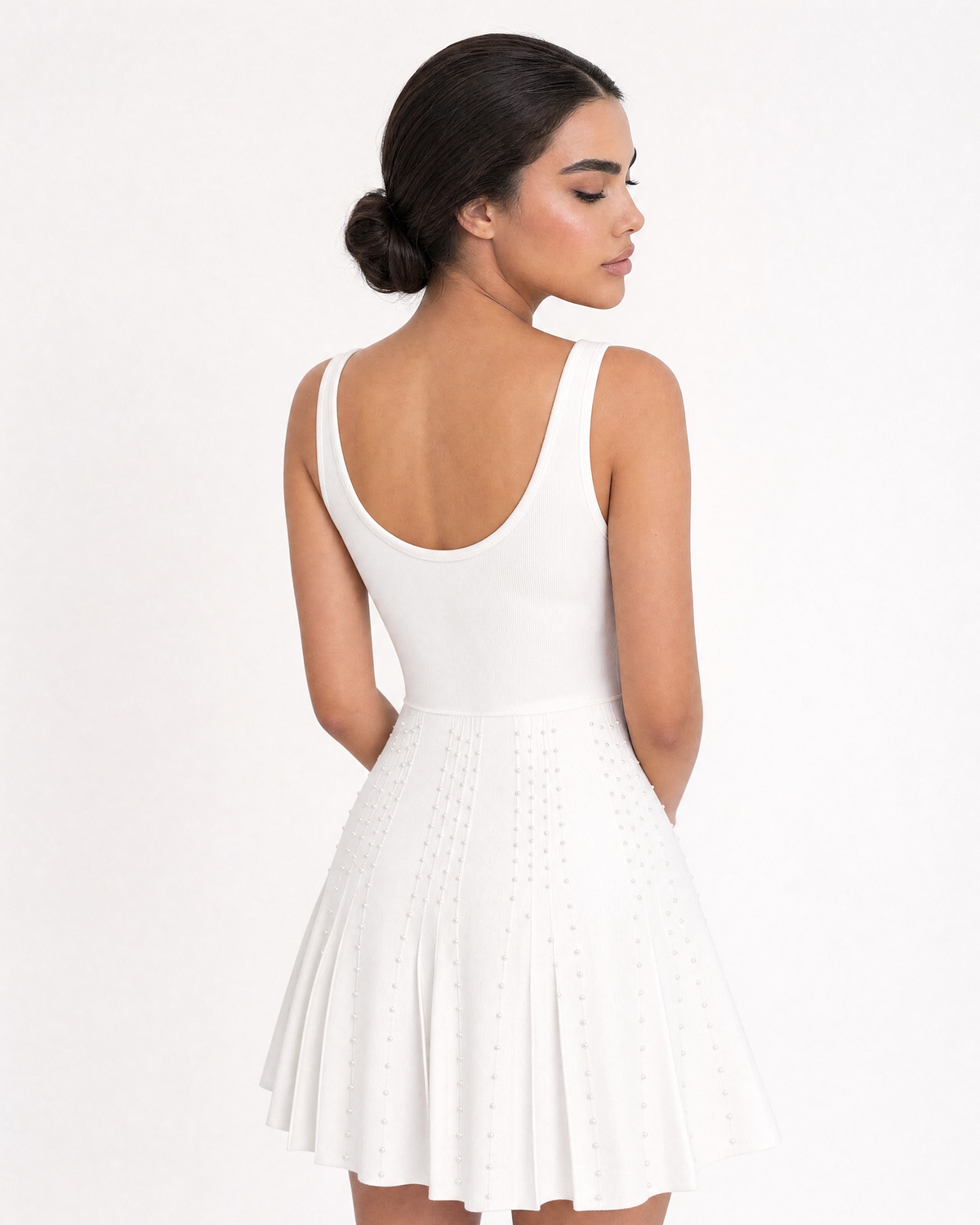 Scoop Neck Sleeveless Studded Pleated Skater Mini Dress