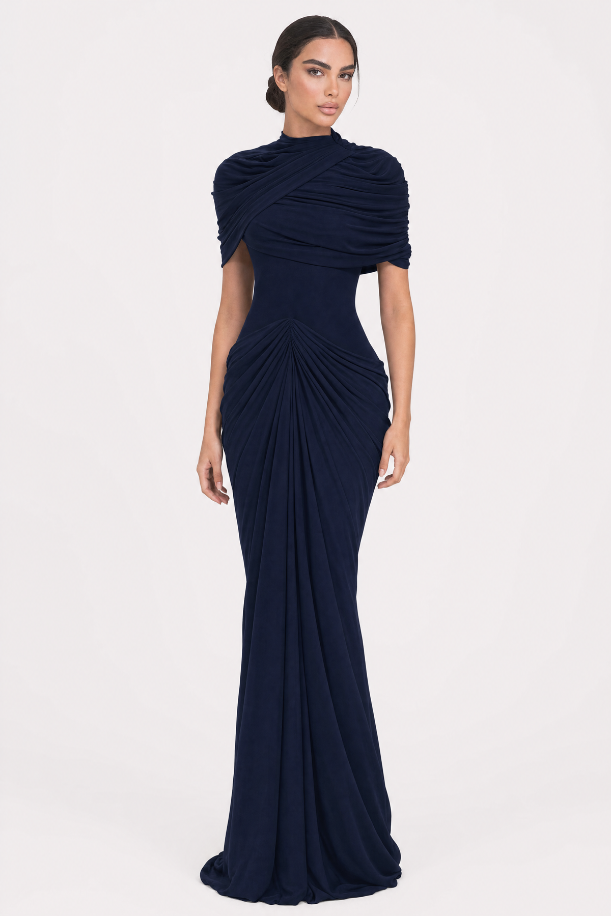 Mock Neck Ruched Shoulder Starburst Draped Mermaid Maxi Dress