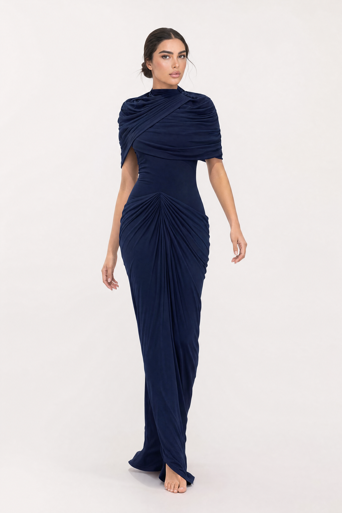 Mock Neck Ruched Shoulder Starburst Draped Mermaid Maxi Dress