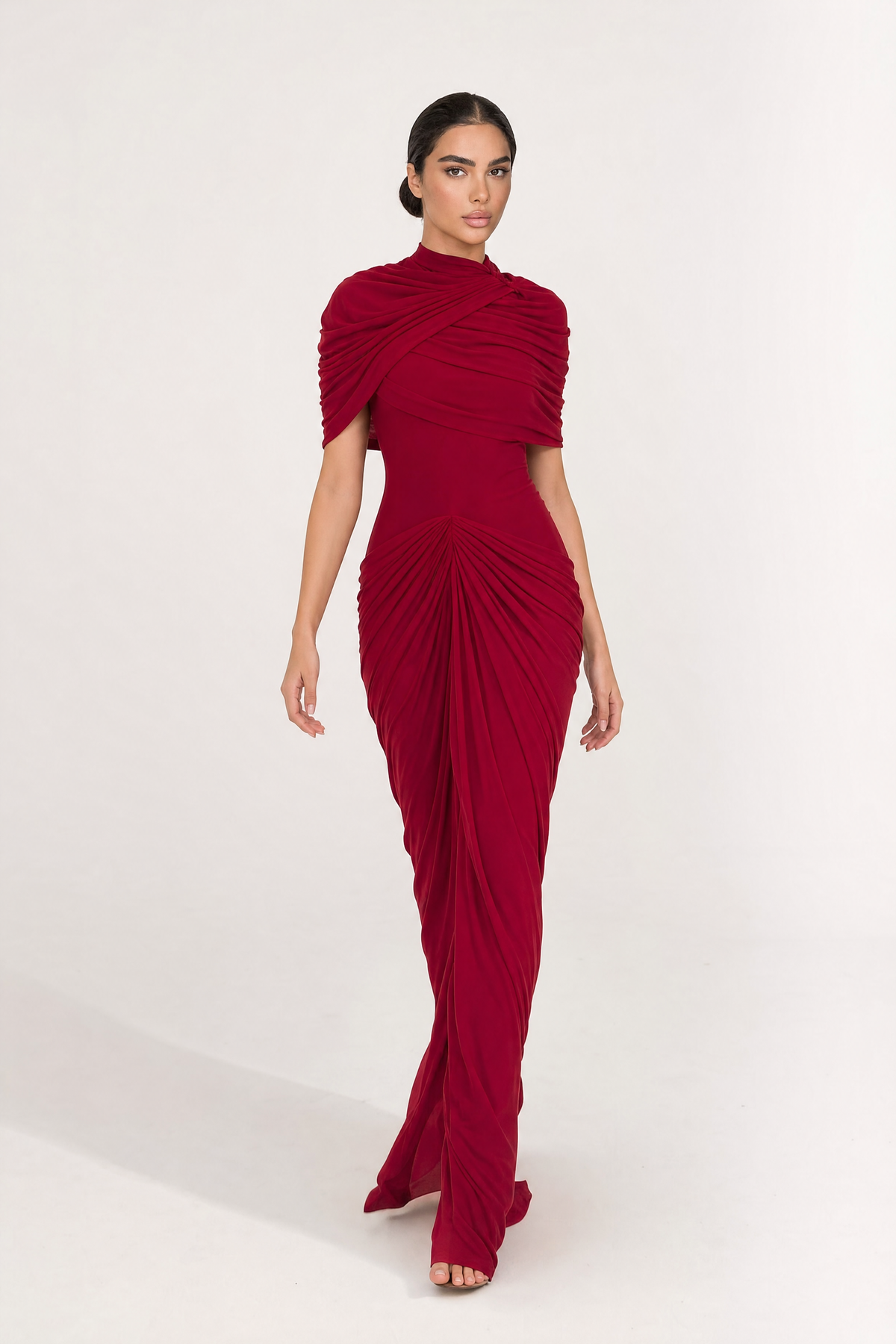 Mock Neck Ruched Shoulder Starburst Draped Mermaid Maxi Dress