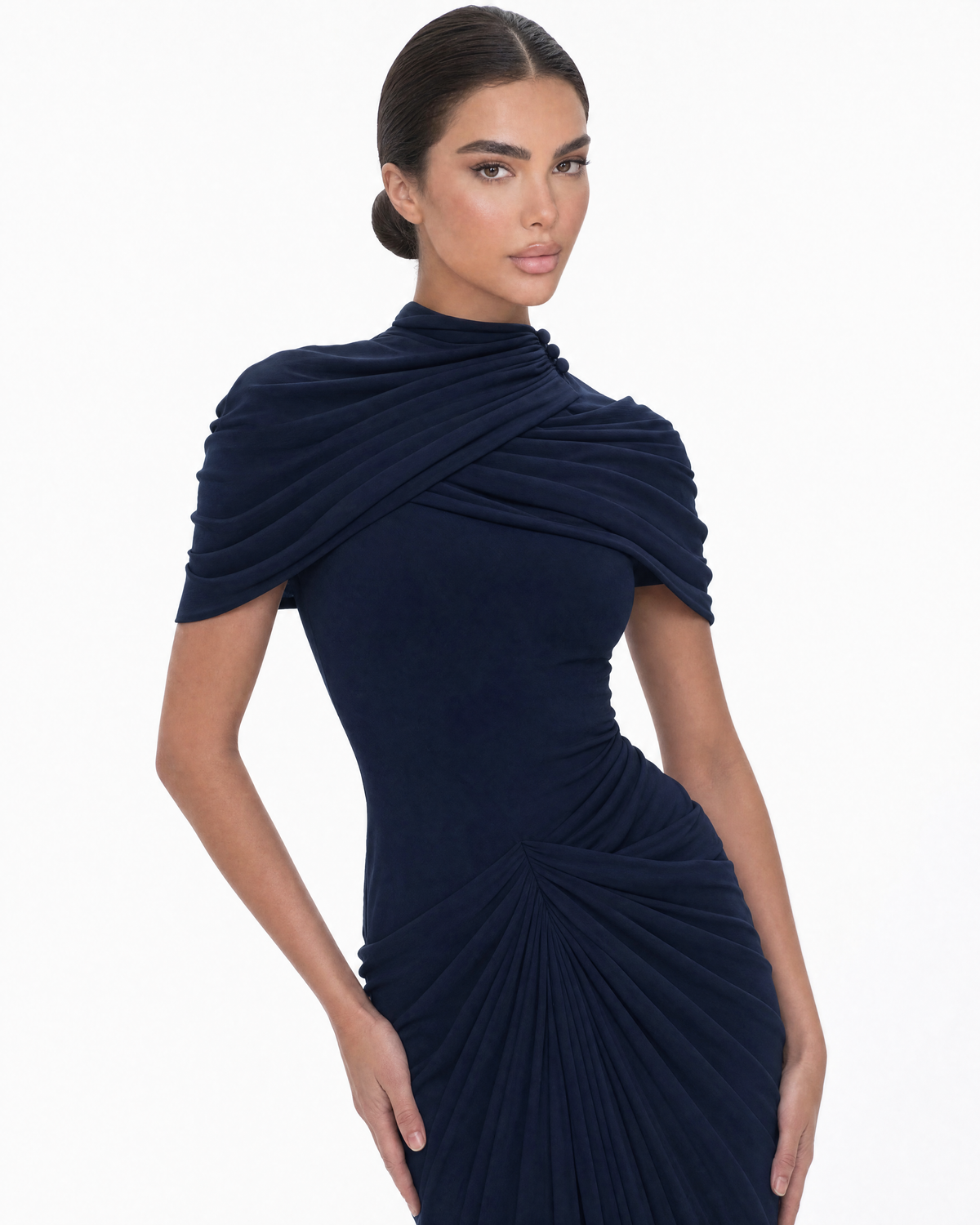 Mock Neck Ruched Shoulder Starburst Draped Mermaid Maxi Dress