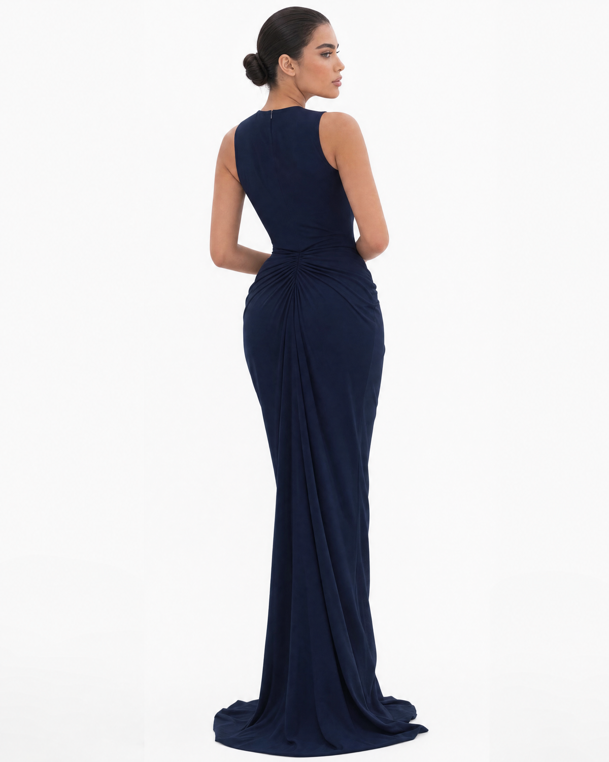 Mock Neck Ruched Shoulder Starburst Draped Mermaid Maxi Dress