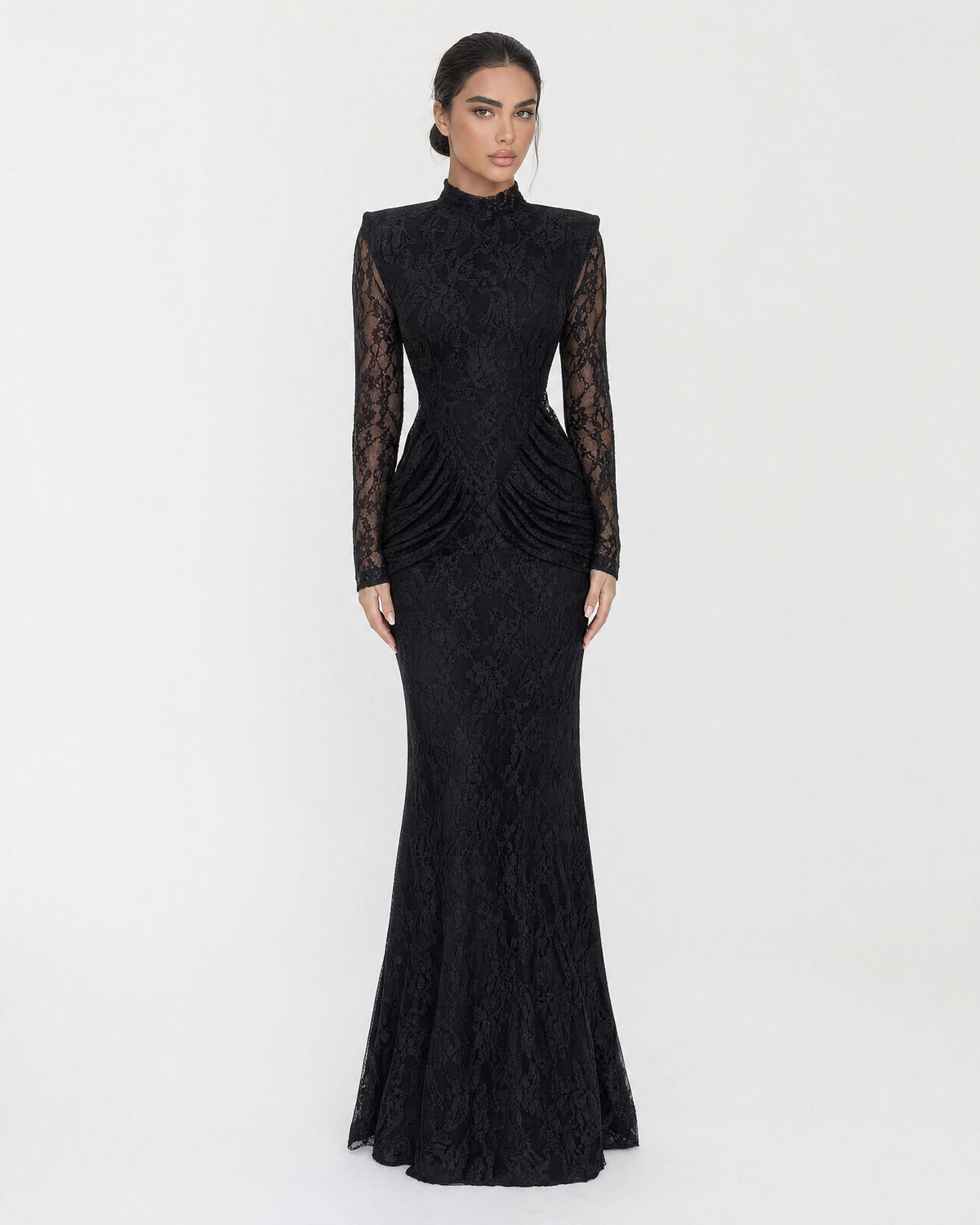 High Neck Long Sleeve Sheer Lace Nude Illusion Draped Maxi Dress
