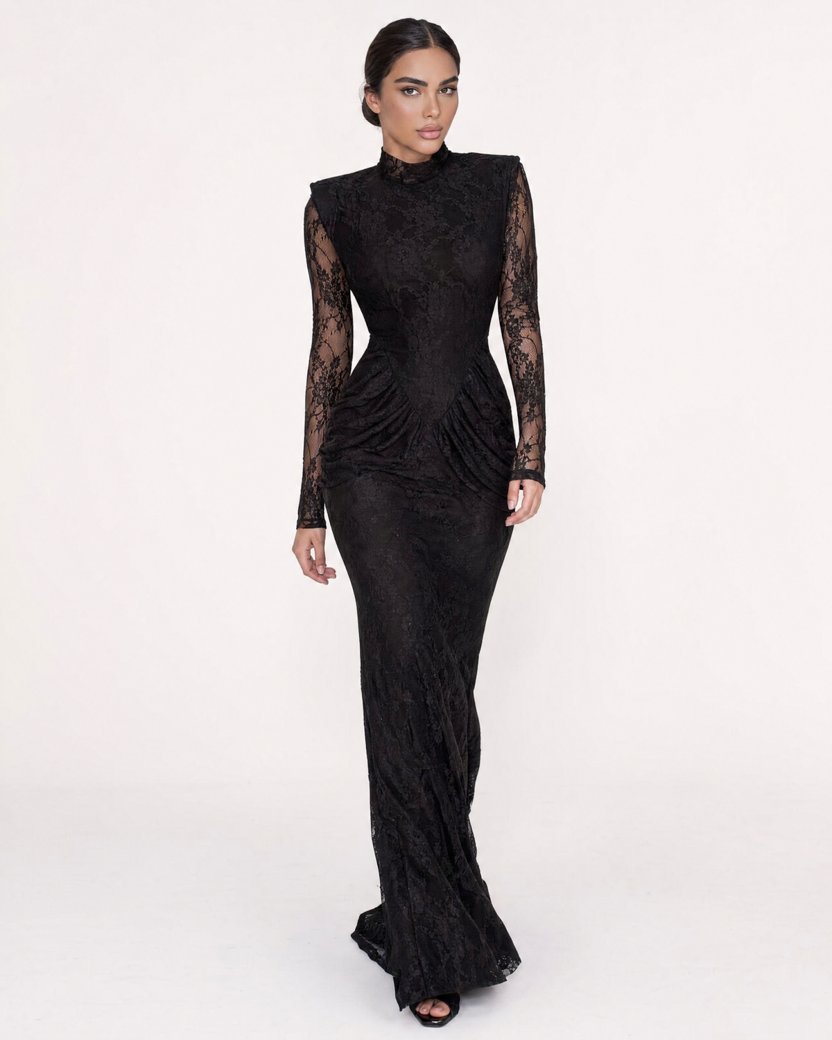 High Neck Long Sleeve Sheer Lace Nude Illusion Draped Maxi Dress