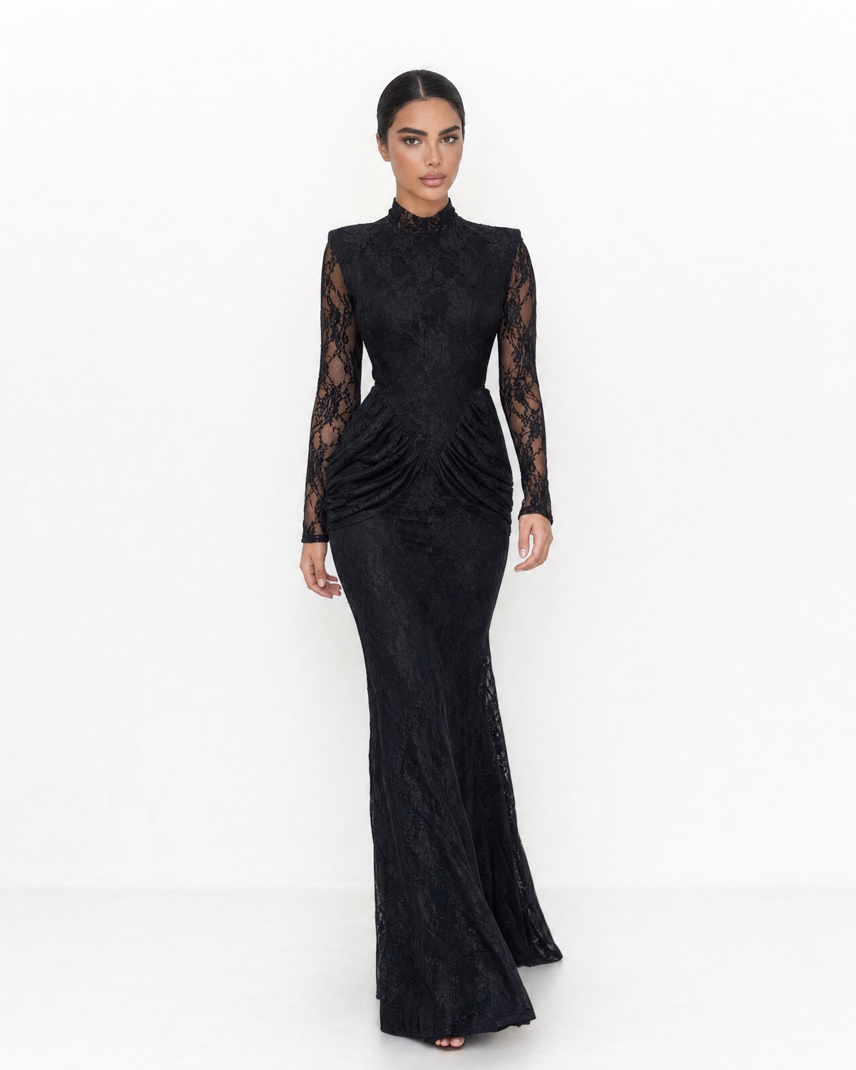 High Neck Long Sleeve Sheer Lace Nude Illusion Draped Maxi Dress