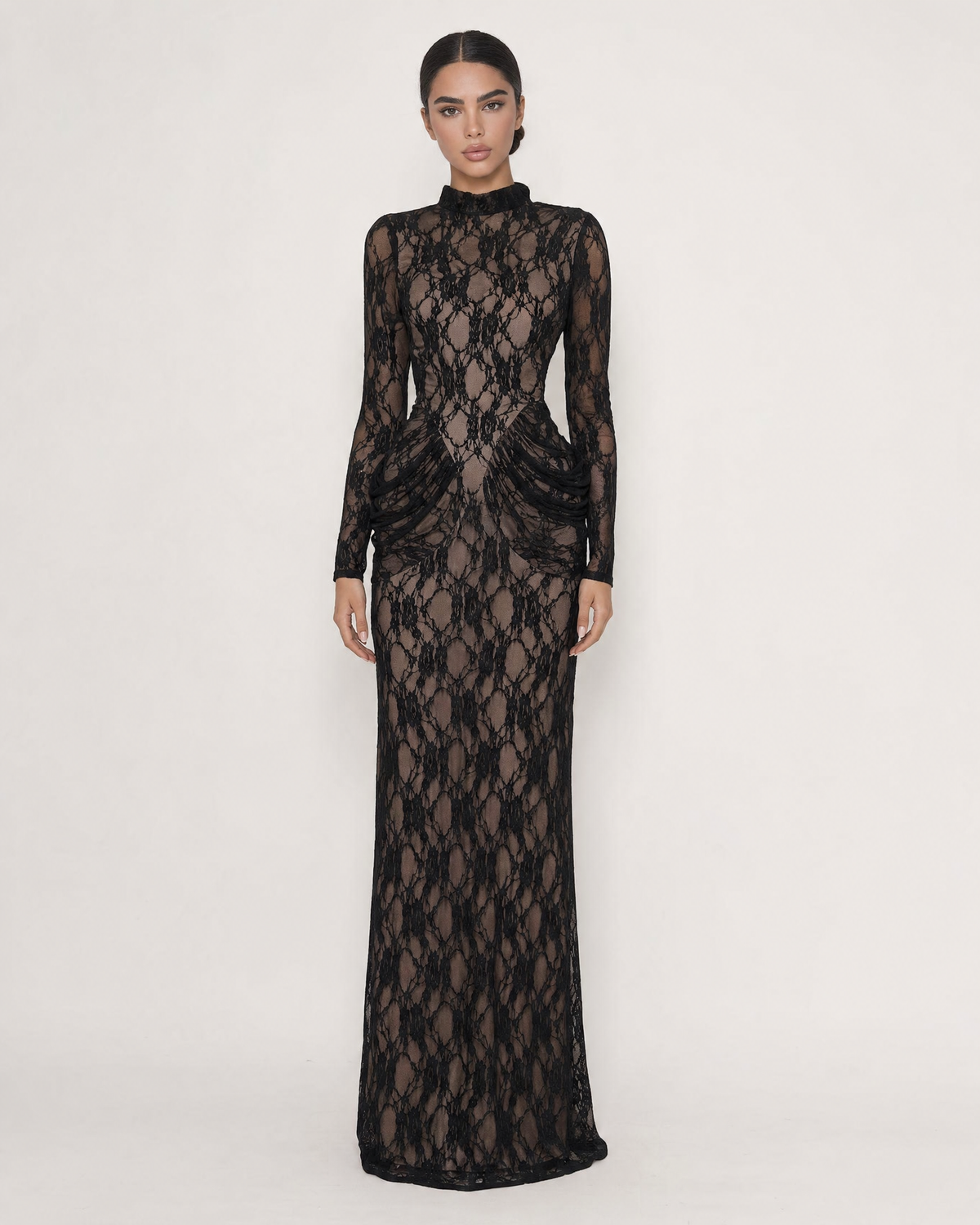 High Neck Long Sleeve Sheer Lace Nude Illusion Draped Maxi Dress