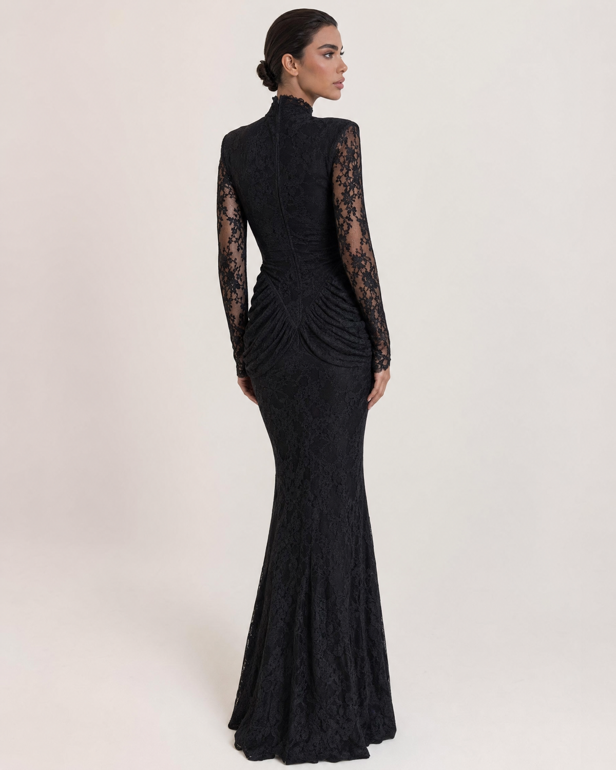 High Neck Long Sleeve Sheer Lace Nude Illusion Draped Maxi Dress