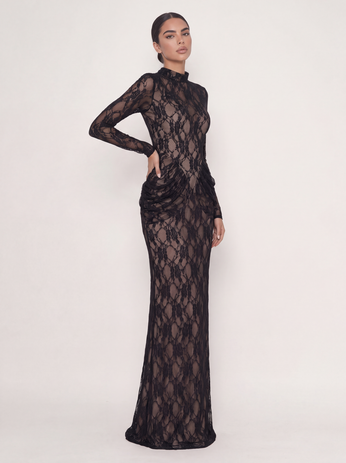 High Neck Long Sleeve Sheer Lace Nude Illusion Draped Maxi Dress
