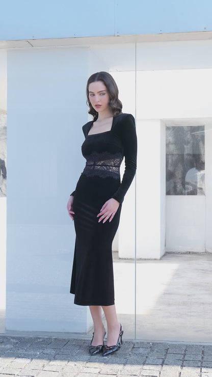 Lace-Panel Long-Sleeve Midi Dress