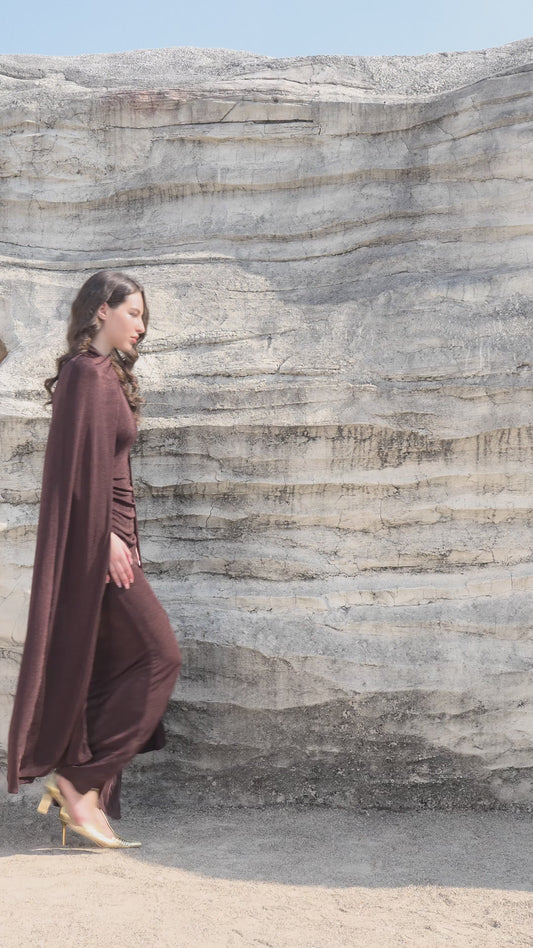 Velour Draped Cape Maxi Dress